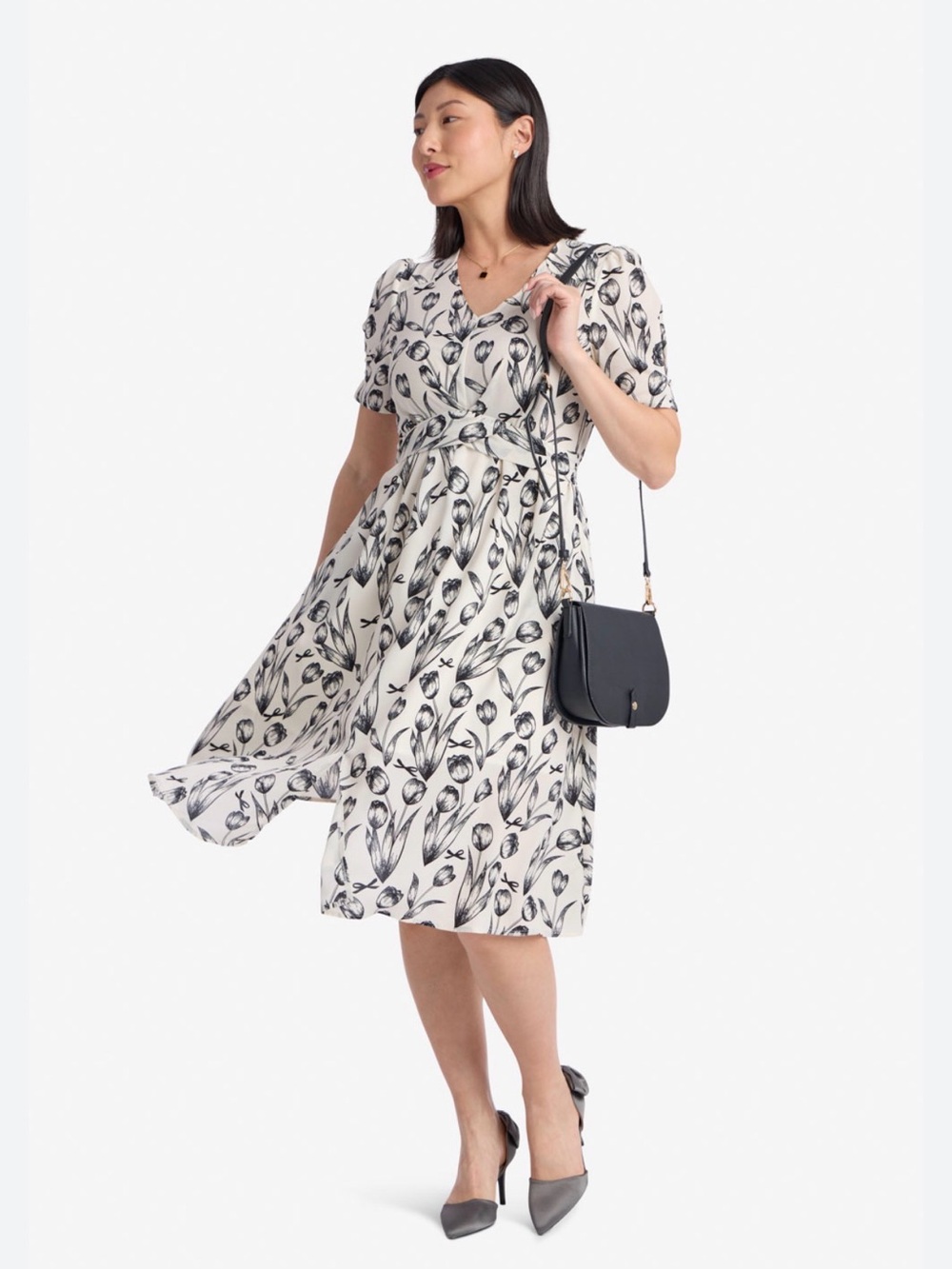 Sweet Salt Clothing | Floral Print V-Neck Midi Dress - Black on Cream
